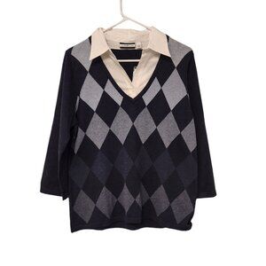 Womens Croft & Barrow‎ Argyle Sweater Jumper Collared Inlay Blue Large NEW NWT